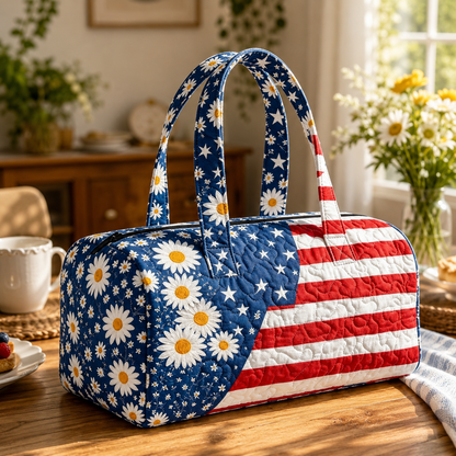🦅👜Handcrafted American Flag Quilted Tote – 3D Floral Patriotic Shoulder Bag🌸