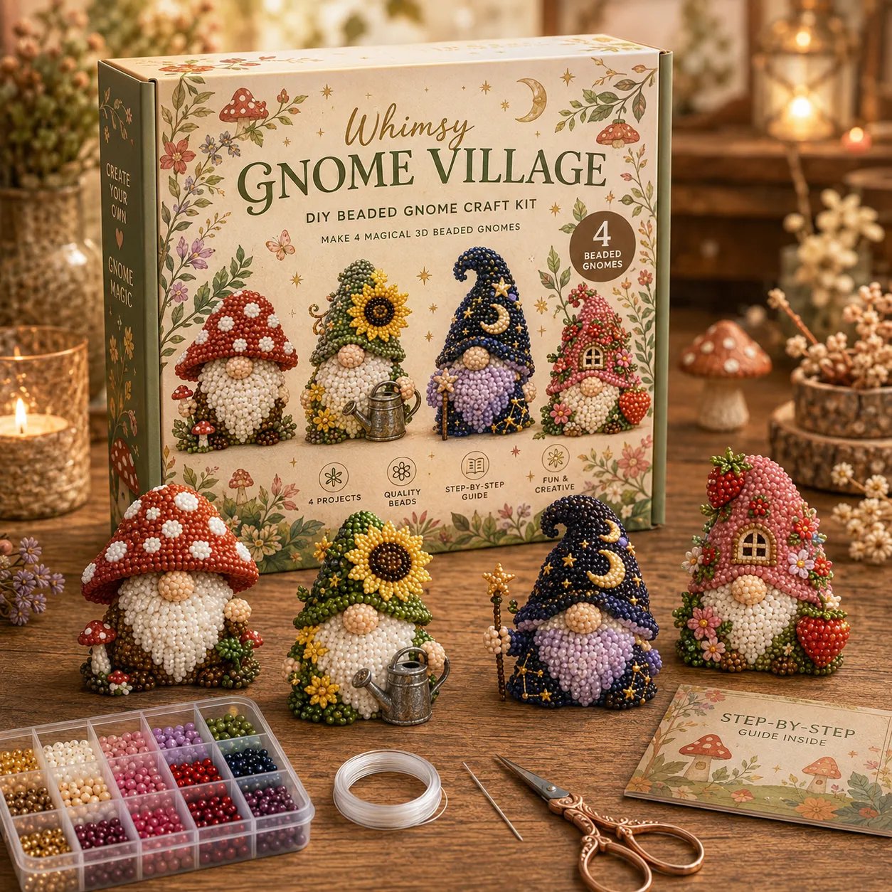 Whimsy Gnome Village 3D beaded DIY kit with four garden gnome figures