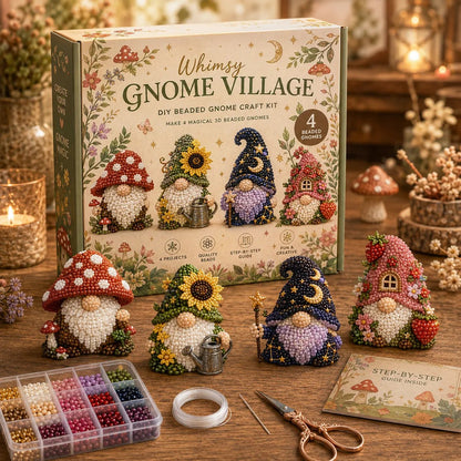 Whimsy Gnome Village 3D beaded DIY kit with four garden gnome figures