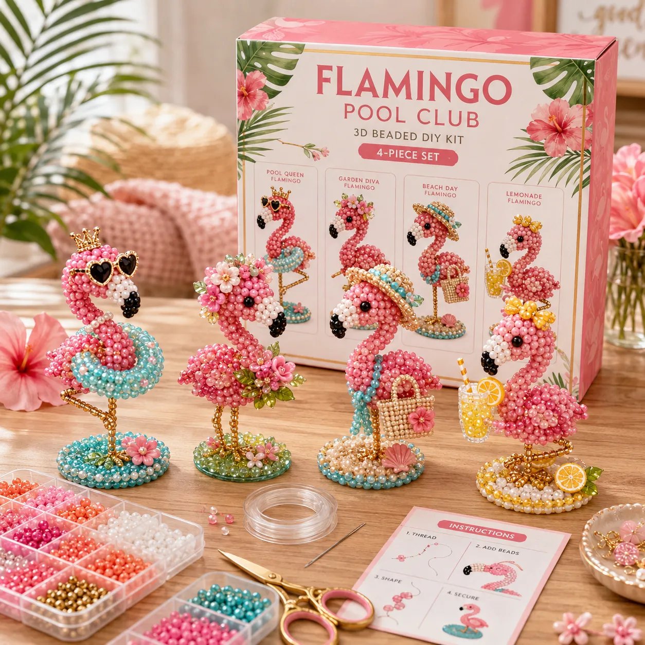 Flamingo Pool Club 3D beaded DIY kit with four pink flamingo figures