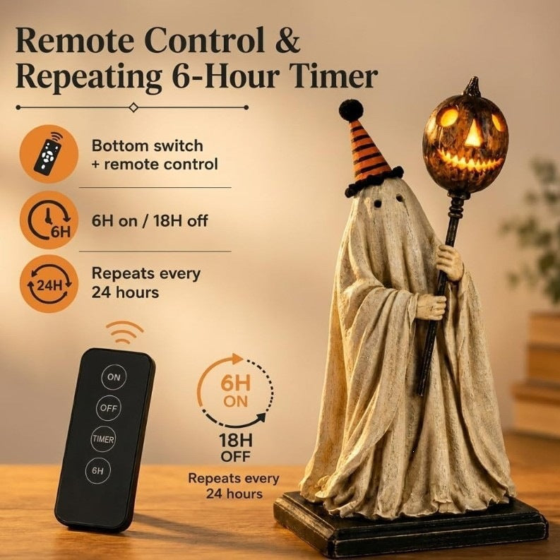 👻Best-Selling🎃 Vintage Ghost Statue with LED Pumpkin Staff — Spooky Yet Charming