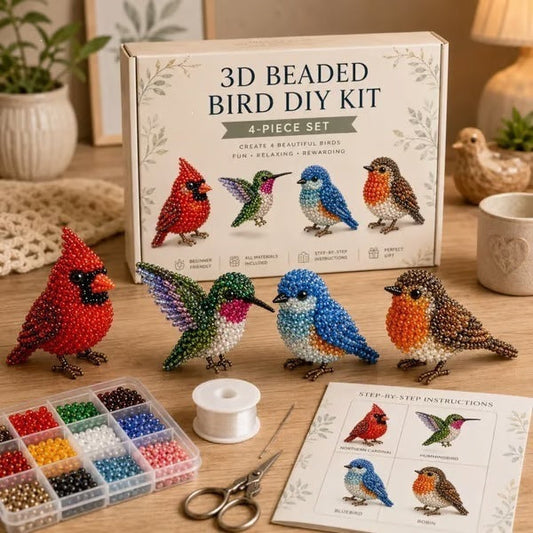 Backyard Birds 3D beaded animal DIY kit box with cardinal, hummingbird, bluebird and robin figures