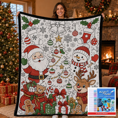 🎨 DIY Christmas Coloring Fleece Blanket with 24-Color Markers, Washable Art Blanket