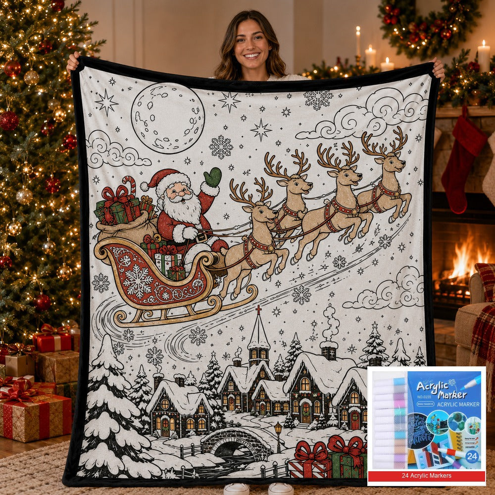 🎨 DIY Christmas Coloring Fleece Blanket with 24-Color Markers, Washable Art Blanket