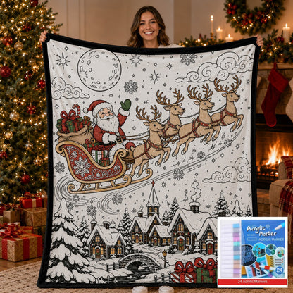🎨 DIY Christmas Coloring Fleece Blanket with 24-Color Markers, Washable Art Blanket