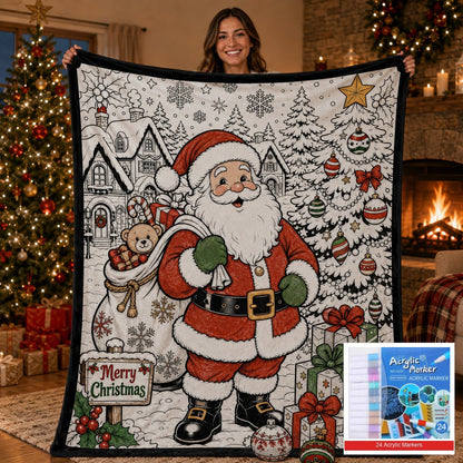🎨 DIY Christmas Coloring Fleece Blanket with 24-Color Markers, Washable Art Blanket