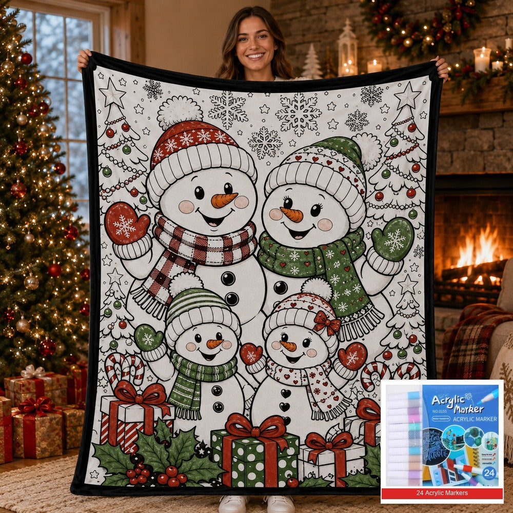 🎨 DIY Christmas Coloring Fleece Blanket with 24-Color Markers, Washable Art Blanket