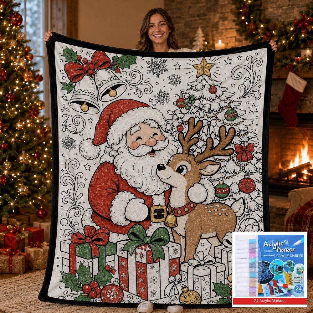 🎨 DIY Christmas Coloring Fleece Blanket with 24-Color Markers, Washable Art Blanket