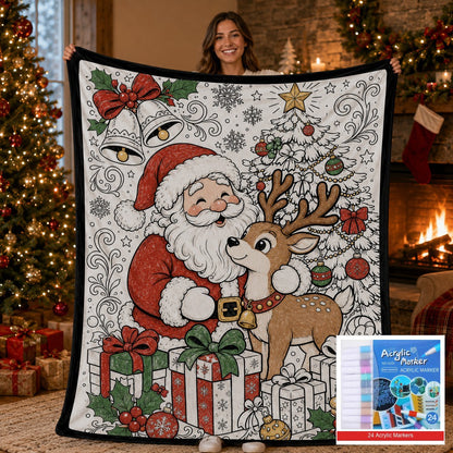 🎨 DIY Christmas Coloring Fleece Blanket with 24-Color Markers, Washable Art Blanket