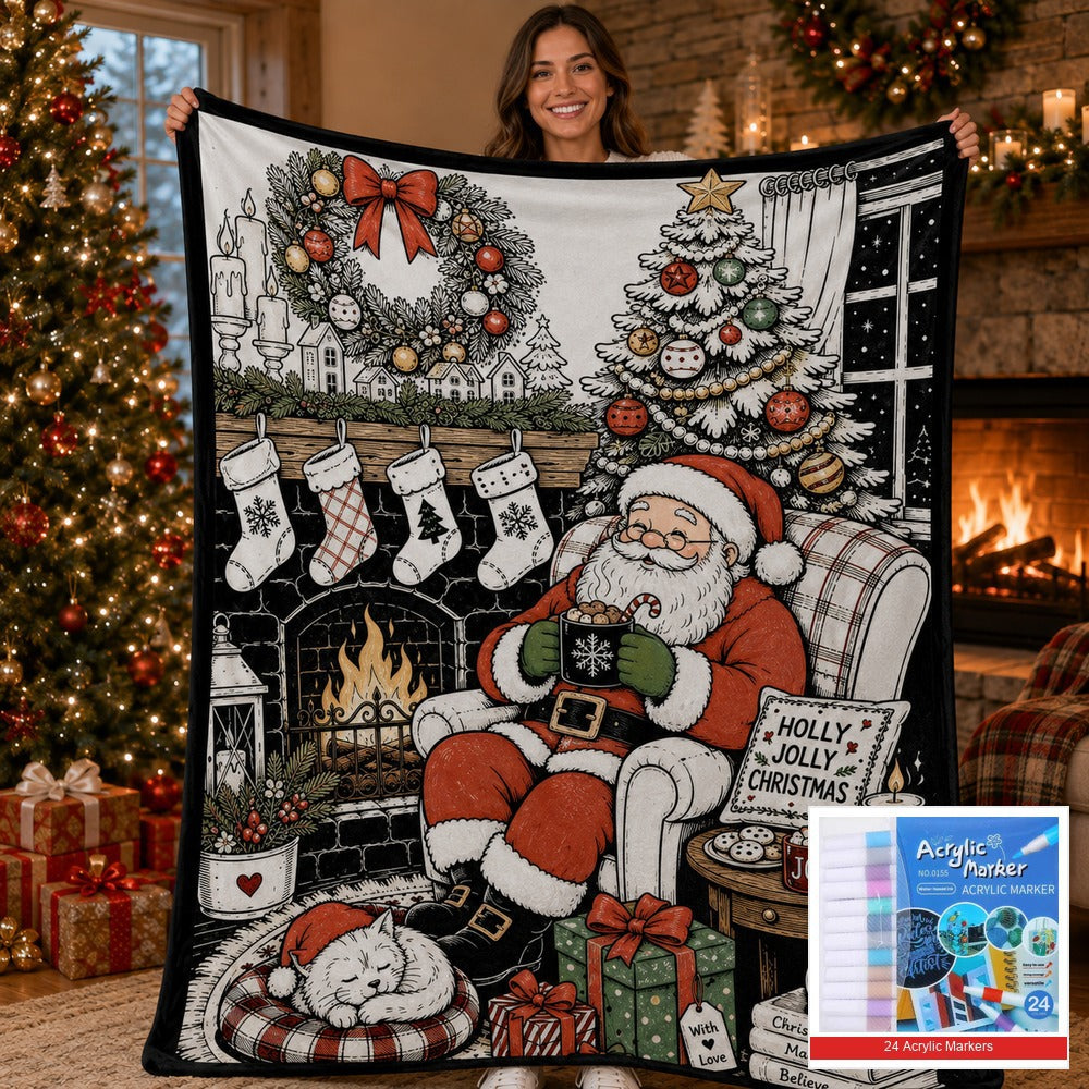 🎨 DIY Christmas Coloring Fleece Blanket with 24-Color Markers, Washable Art Blanket