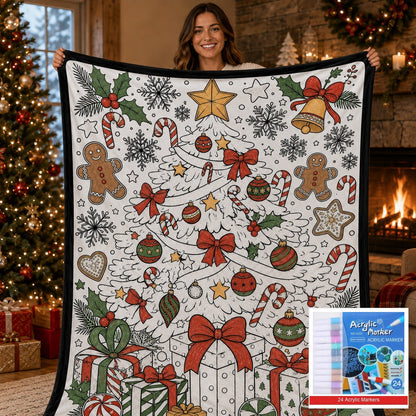🎨 DIY Christmas Coloring Fleece Blanket with 24-Color Markers, Washable Art Blanket