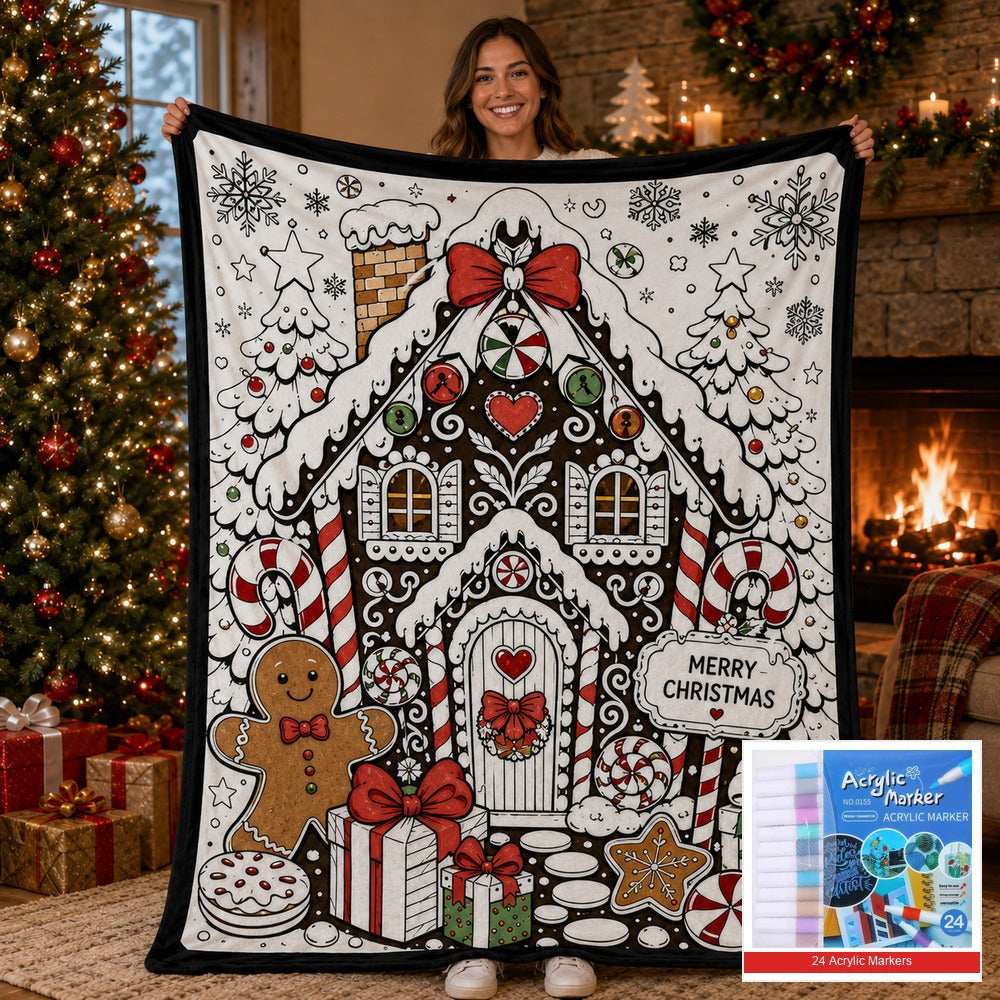🎨 DIY Christmas Coloring Fleece Blanket with 24-Color Markers, Washable Art Blanket