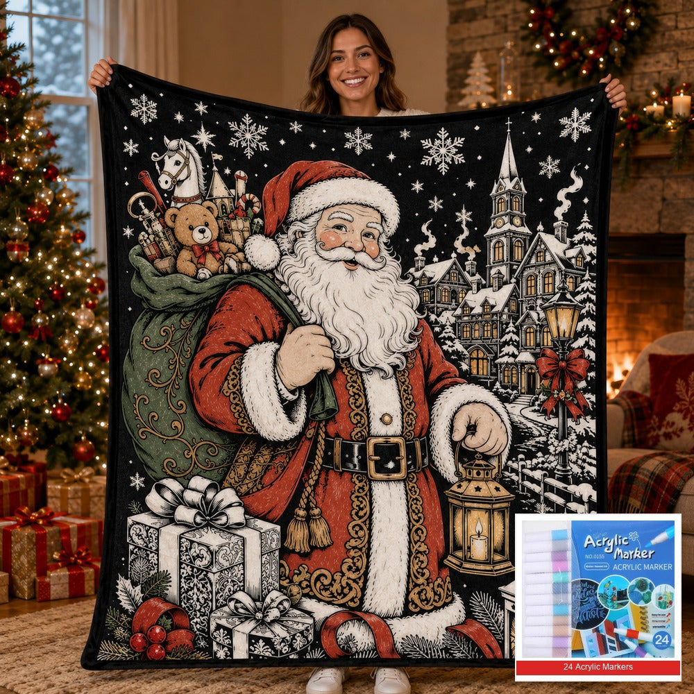 🎨 DIY Christmas Coloring Fleece Blanket with 24-Color Markers, Washable Art Blanket