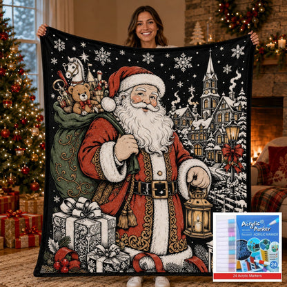 🎨 DIY Christmas Coloring Fleece Blanket with 24-Color Markers, Washable Art Blanket