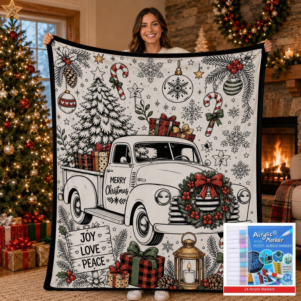 🎨 DIY Christmas Coloring Fleece Blanket with 24-Color Markers, Washable Art Blanket