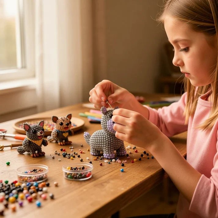 Young girl beading a 3D animal figure at a craft table with sorted beads and instructions