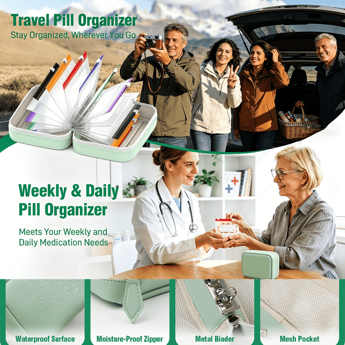 💊A8 Waterproof 14-Pouch Weekly Pill Organizer, Color-Coded Travel Storage for Vitamins & Supplements